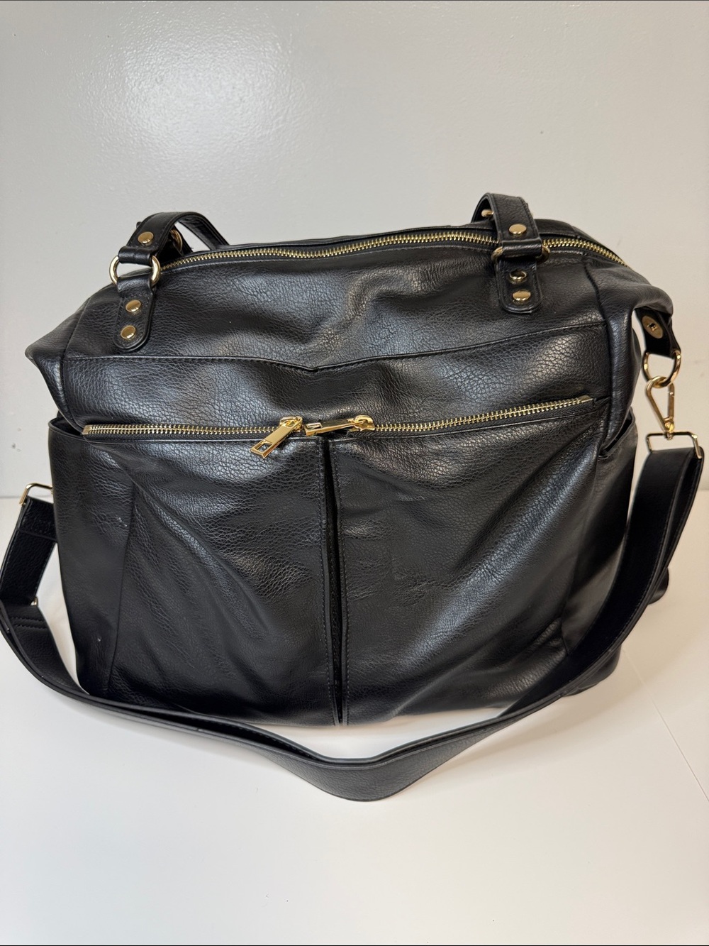 Black Vegan Leather Diaper Bag Tote with Gold Hardware